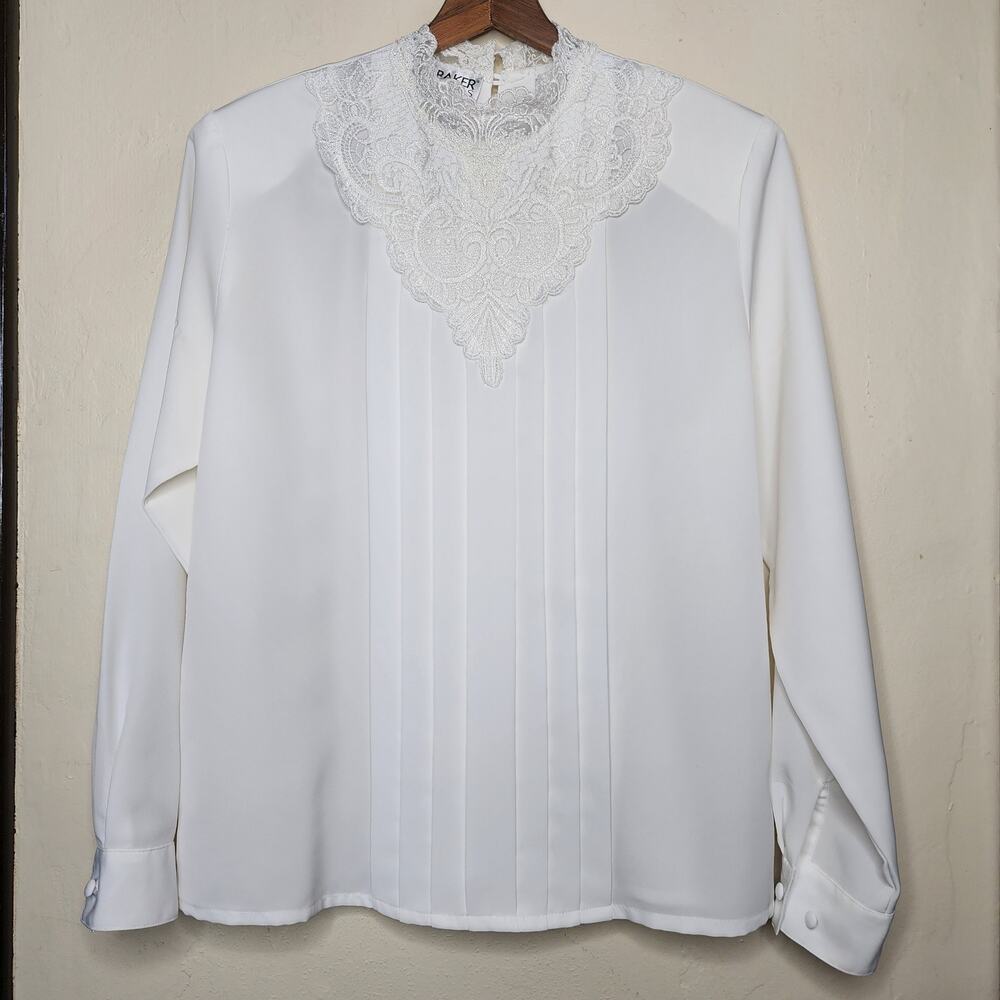 Vintage White Lace High Neck Long Sleeve Blouse Women's Size Medium